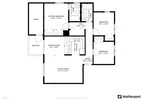 Floor plan for 3 beds, 2 baths, 1002 sqft